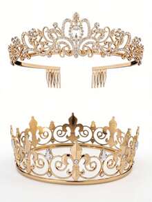 2pcs King And Queen Crown Set, Unisex, Suitable For Wedding, Graduation, Birthday, Valentine''s Day Party And Other Occasions - Gold - View 1