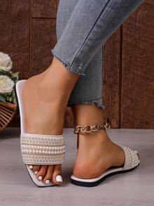 New Women's Pearl Embellished Square Toe Comfortable Lightweight Slide Sandals - Beige - View 4
