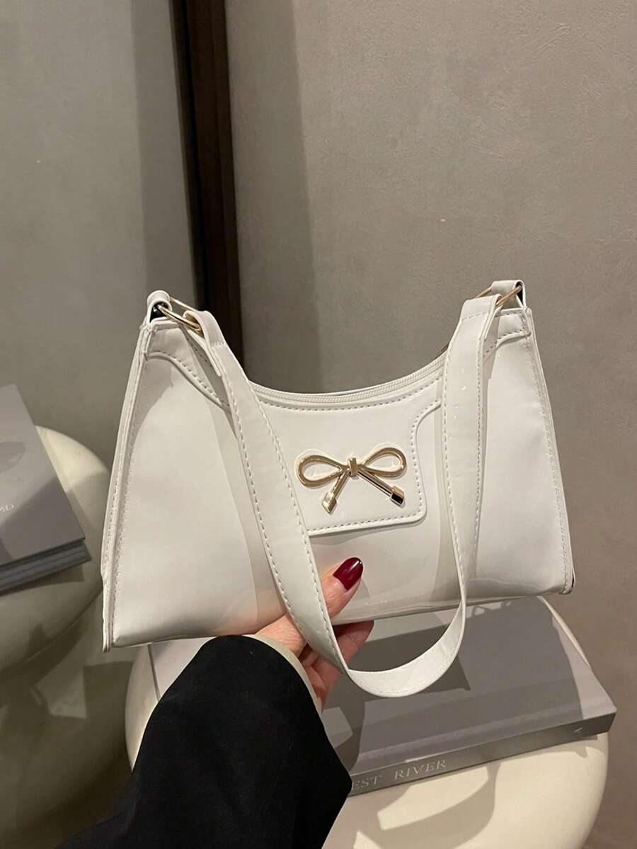 Solid Color Lacquered Leather Minimalist Luxury Baguette Bag - White - View 1