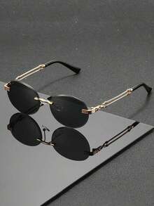 黑色金色无框时尚男女通用太阳镜，金色链条镜腿，防紫外线，男士时尚之选 - 彩色 - 查看 4