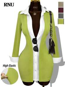 RNU Camisa polo feminina verde e branca com decote em V contrastante, tecido elástico, modelagem slim, ideal para ocasiões casuais, baladas, eventos corporativos, shows, escritório e outras ocasiões. Estilo retrô, tecido canelado liso, alta elasticidade, super macio e confortável, caimento perfeito para a pele. Perfeita para o dia a dia, festas, passeios, viagens e encontros. Nova camisa polo curta de manga comprida para primavera, verão, outono e inverno. - Verde - Ver 3
