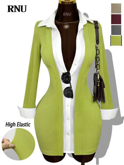 RNU Green & White Contrast V-Neck Polo Shirt For Women, Stretchy Fabric, Slim Fit, Suitable For Casual, Club, Business Casual, Concert, Office And Other Occasions, Retro Style, Solid Ribbed Knit Fabric, High Elasticity, Super Soft And Comfortable, Skin-Friendly Fitted, Daily Casual Sexy Party Street Holiday Travel Date, New Spring Summer Autumn Winter Long Sleeve Short Mini Dress