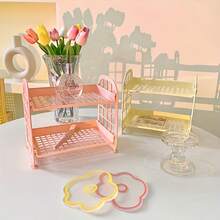 1pc Student Dorm Dual-Layer Folding Desk Organizer Rack - Pink - View 3