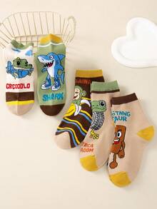 5双装儿童趣味“山海经典”卡通袜 - 中筒袜，饰有猴子、鲨鱼和青蛙图案 | 透气防滑婴儿袜 | 男女童日常穿着（四季皆宜） - 彩色 - 查看 10