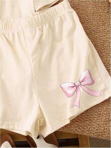 Girls 2 Piece Summer Outfit Cherry Bow Graphic Tee & Shorts Set Cute Casual Outfits - Nơ màu be - Xem 5