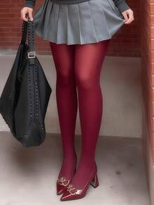 1 Pair 120D Everyday Opaque Tights - Ultra Soft & Stretchy Tights Women, All-Day Comfort Casual Wear (XS-5XL) Dress, - Màu Đỏ Sâu - Xem 4