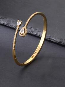 2件套时尚简约奢华闪亮立方氧化锆双水滴开口手镯戒指套装，适合日常、派对、婚礼、春季、开斋节等场合佩戴。 - 閃耀雙水滴鋯 - 查看 6