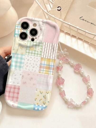 1个时尚可爱春季格子印花保护手机壳，搭配粉色玫瑰仿珍珠挂绳，适合自用或送礼，兼容苹果 11/12/13/14/15 Pro Max、三星Galaxy A04/A05/A13/A14/A15/A24/A25/A35/A54/A55/S23/S24