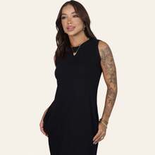 Women's Long Dress Set With Side Slit And Pockets - Black + Beige - View 5