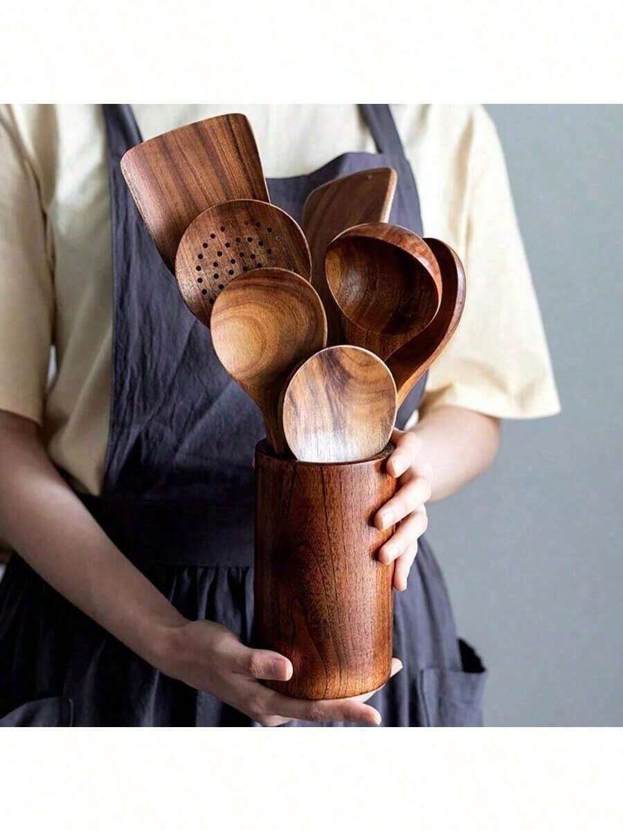 优质天然黄杨木烹饪用具套装 - 包括锅铲、米筛、汤勺、滤网和烹饪勺，适用于厨房，圣诞礼物之选