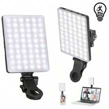 Borriig 60颗LED高功率可充电夹式补光灯，前后夹设计，3种灯光模式可调，适用于智能手机、安卓手机、iPad、笔记本电脑，可用于化妆、自拍、Vlog、直播等，便携式自拍灯 - 黑色 - 查看 3