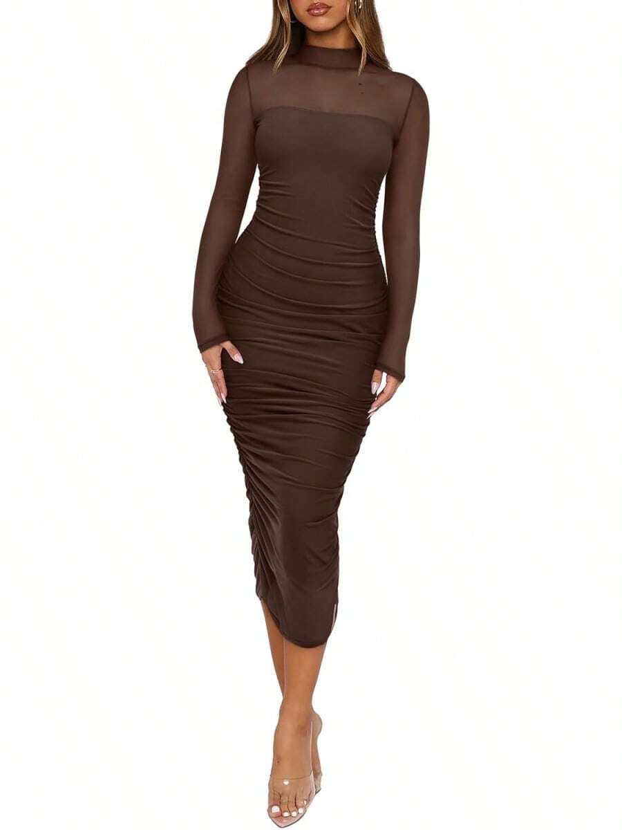 2026 Women's Summer Mesh Sheer Short Sleeve Mock Neck Ruched Bodycon Midi Elegant Evening Party Cocktail Dress