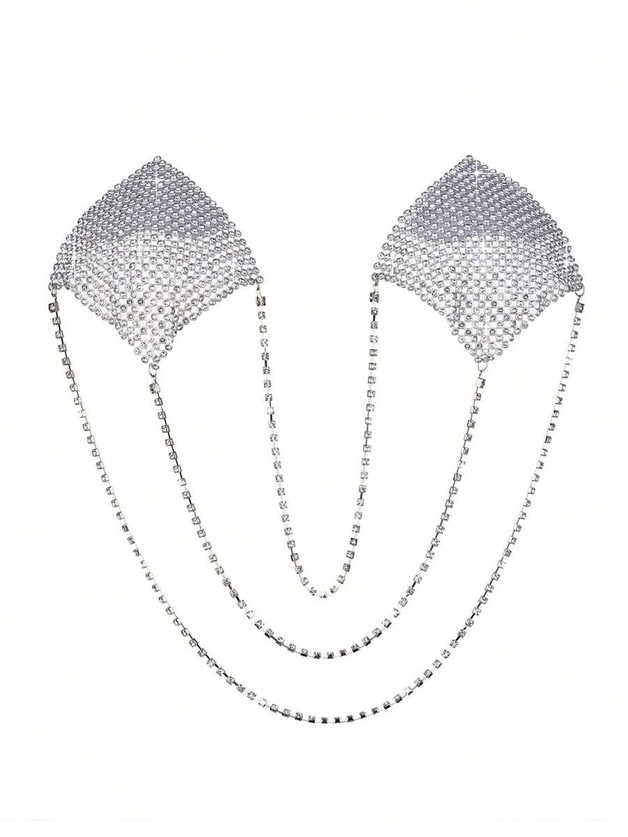 1pair Rhinestone Detail Nipple Cover For Rave - 銀色 - 查看 1