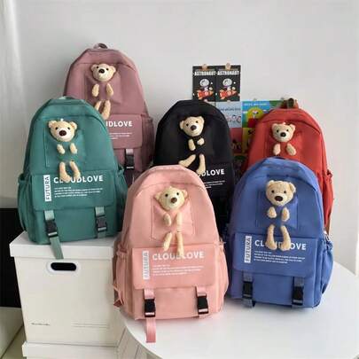 1 pieza Mochila casual de gran capacidad y elegante con colgante de oso, adecuada para uso diario de niñas, escuela y salidas. Mochila escolar de gran capacidad para adolescentes, mujeres, estudiantes universitarios, secundaria y preparatoria. Vuelta a clases, mochila escolar, gran capacidad, portátil, compartimento para laptop, para adolescentes, mujeres, estudiantes universitarios, niños y hombres, universidad