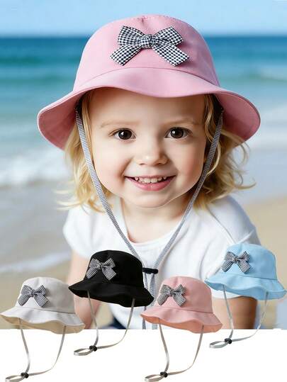 Multi-Color Kids Bucket Hat, Black & White Plaid Bow Decor, Spring/Summer Sun Protection Hat, Adjustable, Suitable For Outdoor, Camping, Beach, Daily Wear, 0-3 Years Old