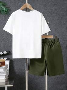 2pcs/Set Young Boy Football Graphic Print Short Sleeve T-Shirt And Cargo Shorts Casual Outfit - White - View 2