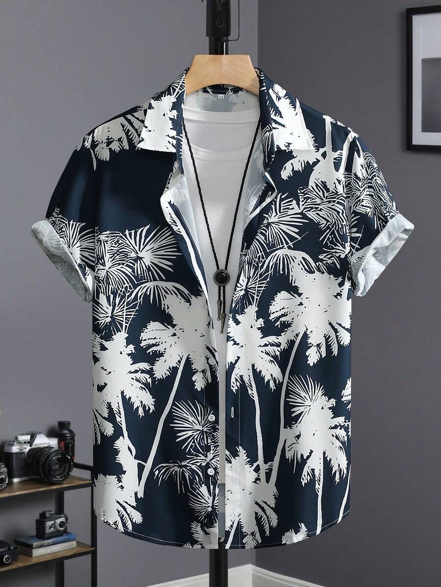 Herren Geometrisches Muster Kurzarm Casual Hemd, Frühling/Sommer - marineblau - Übersicht 1