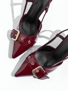 T字带亮面酒红色尖头细高跟凉鞋，休闲户外西式街头时尚通勤商务夜店中式婚礼西式婚礼洛丽塔新款中式性感派对波西米亚复古婚礼中式优雅派对朋克学院风假日时尚PU皮革搭扣亮面+金属搭扣气场十足踝带设计通勤约会四季新款 - 酒紅色 - 查看 5