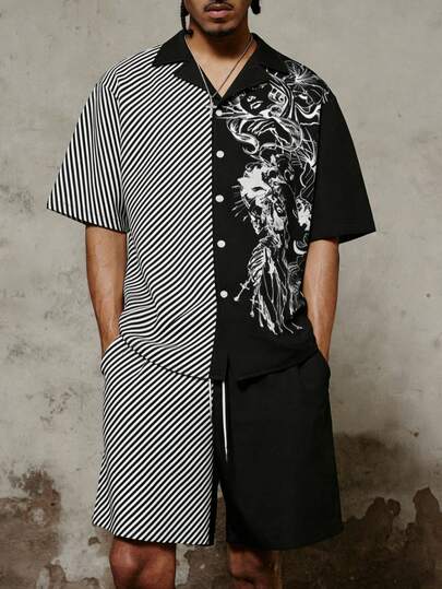 2pcs/Set Men's Casual Striped Patchwork Digital Print Short Sleeve Shirt And Drawstring Waist Sports Shorts, Summer Outfit