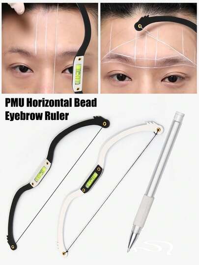 2支装刺绣眉尺，横向设计，微针纹眉尺，眉形模板，对称眉形绘制工具，永久化妆眉线标记尺；1支白色眉微针标记笔，纹身弧形眉尺，眉毛测量工具，预印线纹身PMU黑色眉线测量工具