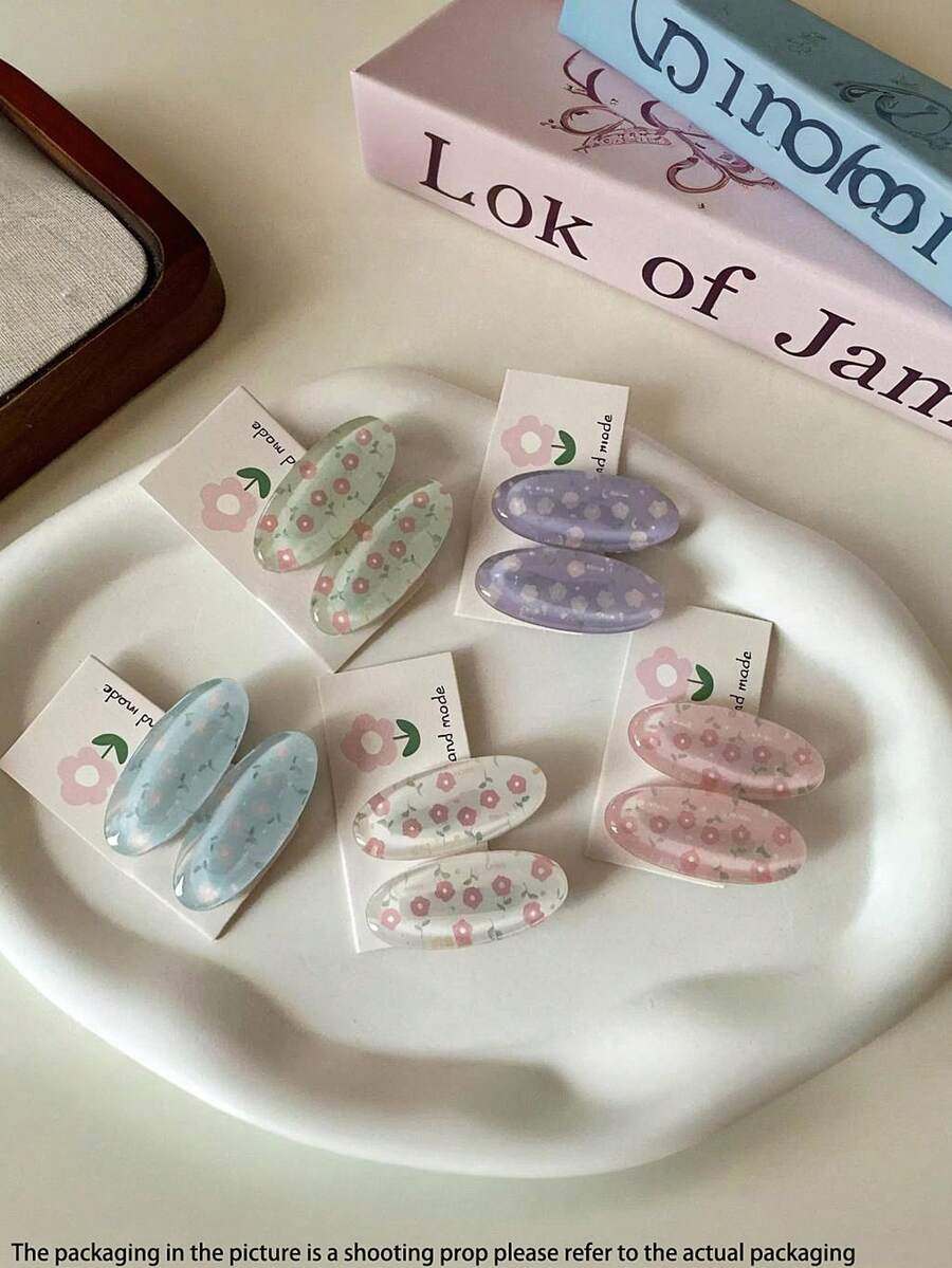 10个可爱碎花椭圆形发夹,彩色花朵侧刘海夹,多功能发饰,适合女性,夏季、假日、旅行、头饰、节日、派对 - 彩色 - 查看 1