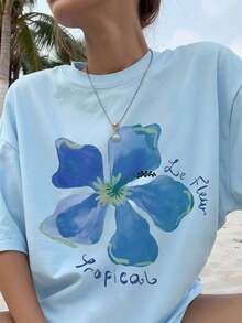 Women Floral Print Oversized Round Neck Drop Shoulder Casual T-Shirt,Vacation T-Shirts, Seaside T-Shirts, Casual Daily T-Shirts2026 - 藍色 - 查看 3