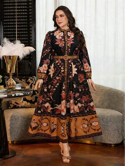 大码女式碎花印花优雅荷叶边长袖连衣裙