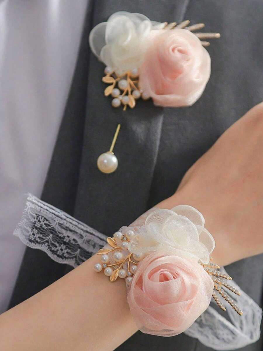 高级伴娘腕花,优雅新娘手镯花,婚礼新娘派对,新郎胸花,派对胸针,伴娘舞蹈腕花,夏季,海滩 - 粉色 - 查看 1