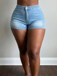 Quần short denim nữ dáng ôm, cạp trung, tôn dáng và tối giản, thích hợp mặc thường ngày. - Rửa nhẹ - Xem 4
