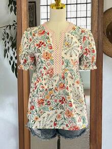 女士春夏法式乡村风印花衬衫：精致清新格纹拼接泡泡袖衬衫：复古甜美休闲魅力度假风 - 彩色 - 查看 3