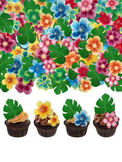 30片绿色叶子蛋糕装饰，混合叶子和花朵，夏威夷主题节日婚礼生日派对用品。热带龟叶花纸杯蛋糕装饰，夏威夷热带丛林主题婚礼生日婴儿派对绿色粉色装饰