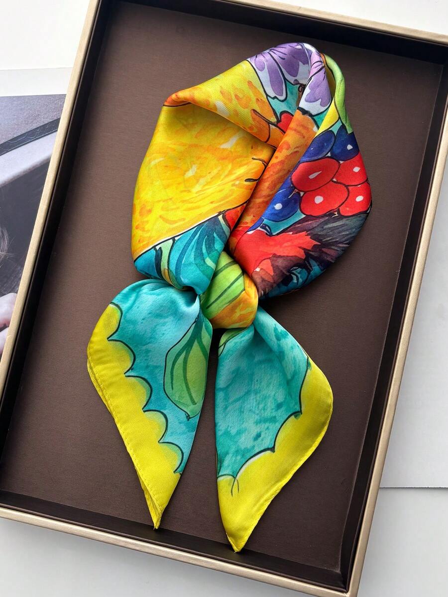 1pc 70*70cm Square Silk Printed Scarf, Fashion Silk Neckerchief Headband For Women - Mint Green - View 1