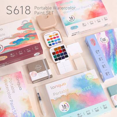 固体水彩颜料礼盒套装，色彩丰富，质地细腻，层次分明，线条流畅，符合手型，握感舒适，4合1套装包含颜料桶+颜料+调色盘+画笔，方便携带，随时随地进行创作，适用于绘画、书写、日记、明信片等。