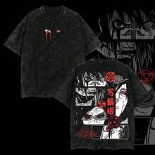 [Shibuya] Madara Clan Sharingan  Anime Double Printed Oversize Lightweight Washed Tee Or Hoodie Clothes Cotton Menswear Soft-Shirt Top Man Classic Vintage KJ3Z - 黑色 - 查看 1