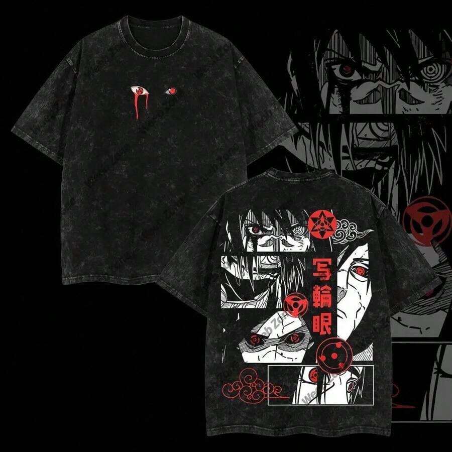 [Shibuya] Madara Clan Sharingan  Anime Double Printed Oversize Lightweight Washed Tee Or Hoodie Clothes Cotton Menswear Soft-Shirt Top Man Classic Vintage KJ3Z - 黑色 - 查看 1