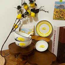 4pcs Cute Lemon Pattern Ceramic Dinnerware Set, Including Salad Bowl, Fruit Bowl, Dipping Dish, Appetizer Plate, Soup Bowl, And Small Spoon, Suitable For Restaurant, Party, Hotel, And Home Kitchen - Yellow - View 2