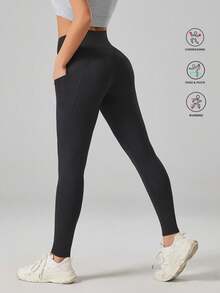 高腰收腹口袋瑜伽裤紧身打底裤运动服 - 黑色 - 查看 3