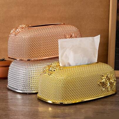 1 Piece Of Golden European Palace-Style Rose-Patterned Paper Towel Storage Box For Restaurant Tables. Bohemian-Style Paper Towel Box Is Suitable For Decoration In Living Rooms, Kitchens, Bathrooms, Applicable To Places Such As Clubs, Restaurants, Hotels, Tea Houses, Parties, Dormitories, Self-Service Restaurants, Bars.