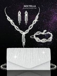 Noctella Women's Luxury Diamond Sparkling Jewelry Set - Shimmering Necklace, Earrings, Bracelet Set, Shiny Pleated Clutch, V-Flap Envelope Clutch, Elegant Clutch, Bridal Evening Bag, Metal Chain Handbag, Wedding Party Clutch, Cocktail Party Wedding New Wallet Clutch - Silver - View 1