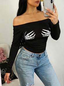 露肩短款上衣，饰有幽灵爪印花，适合秋季时尚、万圣节和女士秋季穿搭，黑色春季款 - 黑色 - 查看 3