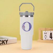 30oz Water Bottles Stainless Steel Insulated Tumbler With Carry Handle Double Walled Leak Proof Fits Most Cup Holder Water Cup With Lid And Straw For Gym Home Office Travel A-Z Letters Purple Flower Pattern - Multicolor - View 25