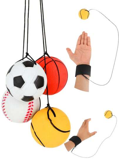 橡胶弹力球套装，包含篮球、棒球和足球，用腕带串起，适合青少年和成人进行手腕锻炼或游戏。儿童手眼协调和腕力训练球