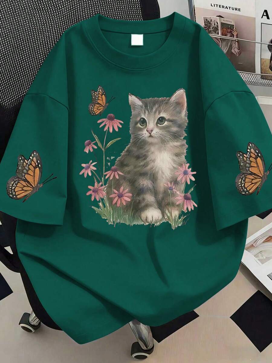 大码女式可爱猫咪花卉印花圆领T恤,适合夏季度假、新年礼物、情人节礼物、日常穿着、外出、节日、海滩、派对、生日、聚会、学校、音乐节、假期、通勤、健身、婚礼、郊游等场合。 - 墨綠色 - 查看 1