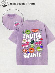 Summer Tops 2026 Women's  Patterned Printed Vintage Washed T-Shirt - 230g Thick Cotton, Vintage Street Style Round Neck Short Sleeves, Machine Washable, Suitable For Casual Wear In Spring And Summer, Unique Loose-Fit Women's T-Shirt. Spring Outfits For Women - 紫色 - 查看 12
