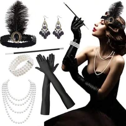 8pcs/Set 1920s Women's Headpiece Elegant Costume Accessories Luxury Vintage Single Items Party Makeup Ball Headband Bracelet Gloves Lace Fan Hand Decor 6pcs Set