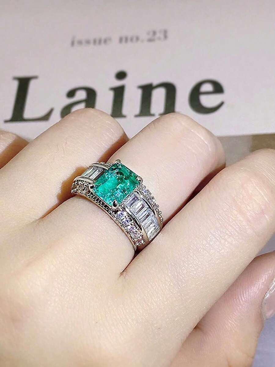 Anillo geométrico redondo verde de 4 puntas elegante, circonita cúbica sintética, joya regalo para ella - Verde - Ver 1