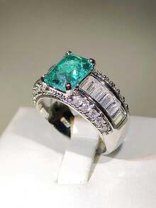 Anillo geométrico redondo verde de 4 puntas elegante, circonita cúbica sintética, joya regalo para ella - Verde - Ver 2