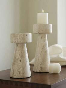 1pc/2pcs Minimalist Stone Texture Candle Holder, Nordic Style Cylindrical Candle Stand, Suitable For Home Decor, Photography Props And Dining Table Decoration, Beige - Candlestick - View 1