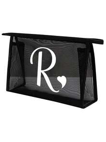 Bolsa de malha preta com estampa de letras brancas de A a Z, transparente, para guardar cosméticos. Grande capacidade e multifuncional, ideal para viagens, guardar batons, produtos de cuidados com a pele, maquiagem e outros itens essenciais. Perfeita para estudantes, com zíper e design minimalista. Ideal para guardar joias, joias, viagens, negócios, natação e para guardar em casa. Perfeita para as férias de verão. - Preto - Ver 21