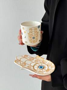 1 Set Taza y platillo de café de ojo de demonio de cerámica, taza de té y café artesanal de alta estética, adecuado para el hogar, restaurante, cafetería - Taza de desayuno, taza de té, taza de café linda, creativa y personalizada, regalo perfecto para cumpleaños y días festivos - Multicolor - Ver 13
